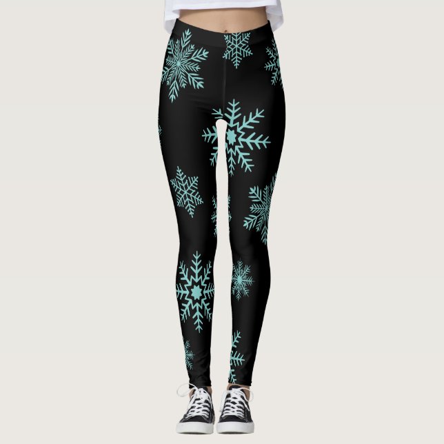 Leggings Blue Snowflakes sobre las piernas negras (Anverso)