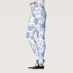 Leggings Blue White Moderno Vintage Menor Floral Toile