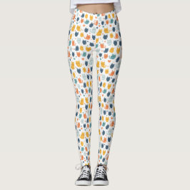 Leggings Blue Yellow Orange Kawaii Whimsical Cat Pattern