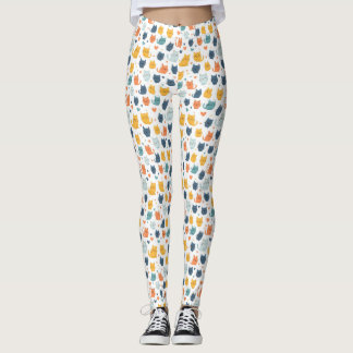 Leggings Blue Yellow Orange Kawaii Whimsical Cat Pattern