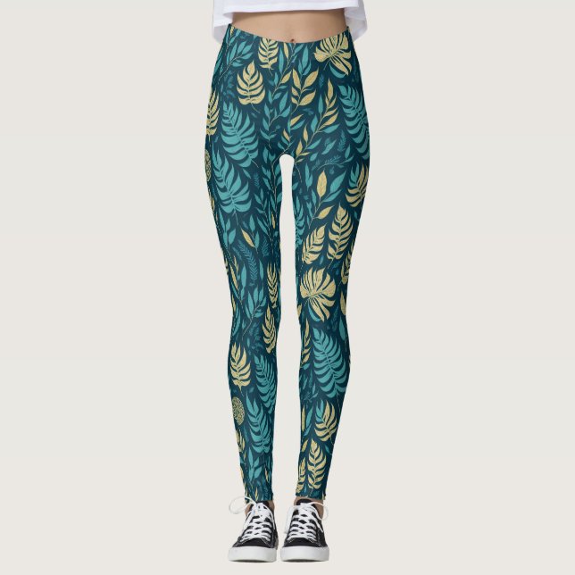 Leggings Boho Azul Marino Amarillo Hojas Botánicas Verdor (Anverso)
