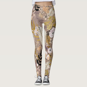 Leggings Boho Black White Gold Peach Line Draaf Floral