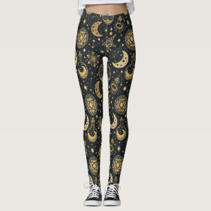 Leggings Boho Celestial con Símbolos de Alquimia Dorados