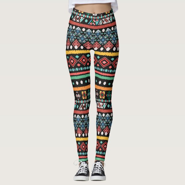 Leggings Boho étnico: Impresión de píxeles geométricos (Anverso)