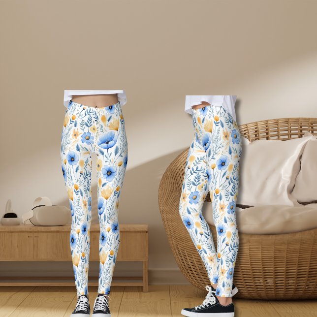 Leggings Boho Flor azul amarillo flor yoga (Blue Yellow Wildflowers Boho Yoga Leggings)