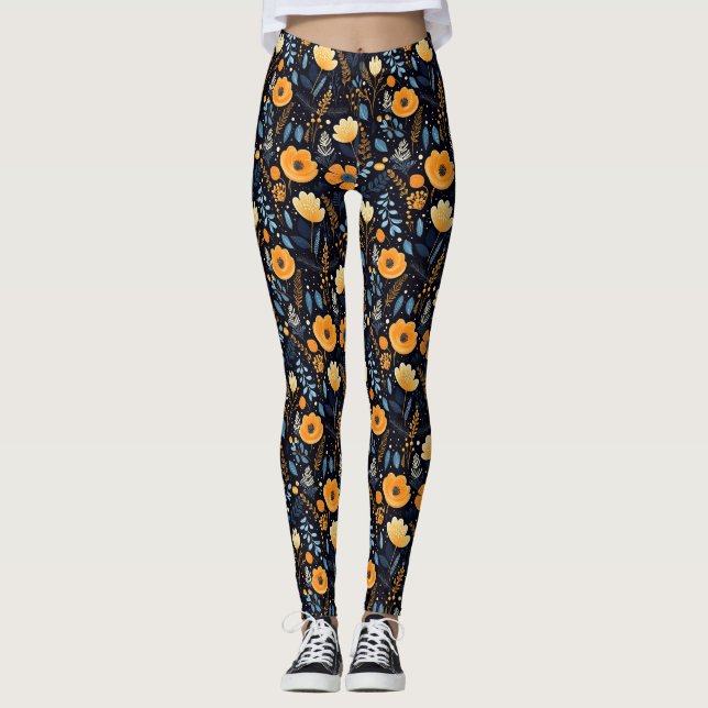 Leggings Boho Floral Cute negro Naranja azul (Anverso)
