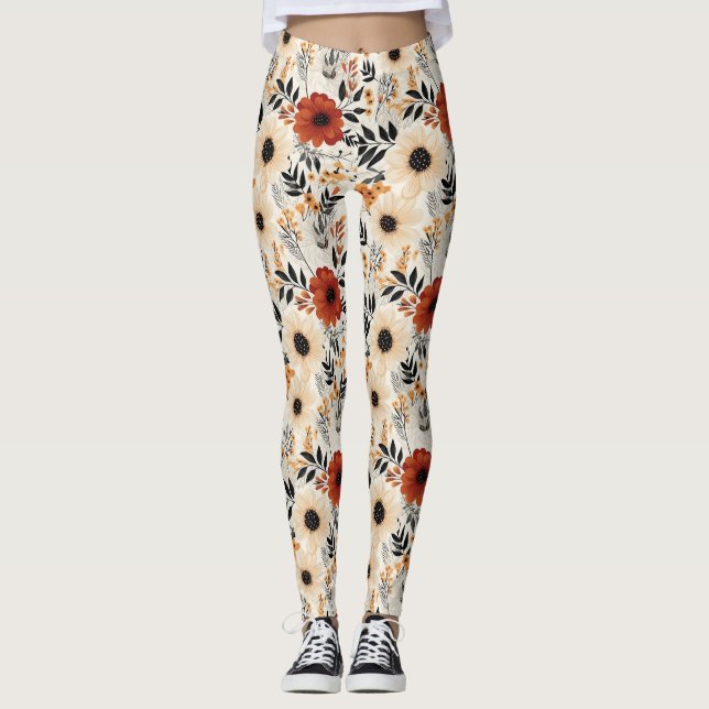 Leggings Boho Floral Cute negro Naranja Crema azul (Anverso)