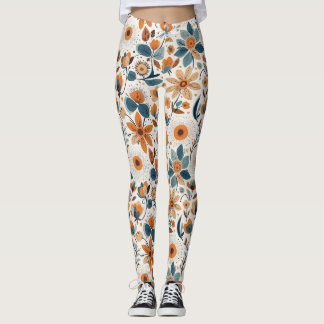 Leggings Boho Folk Art Wildflower Meadow Rust Teal Floral