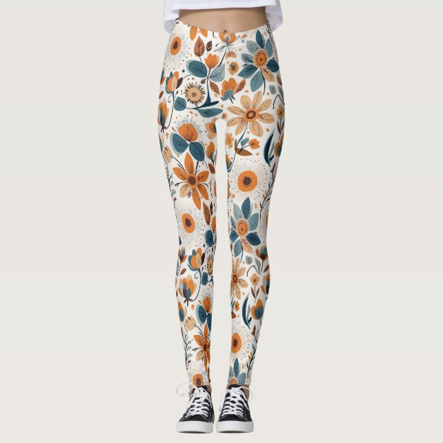 Leggings Boho Folk Art Wildflower Meadow Rust Teal Floral (Anverso)