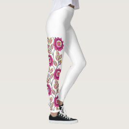 Leggings Boho Magenta Floral Vine Borde Clásico Blanco