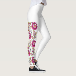 Leggings Boho Magenta Floral Vine Borde Clásico Blanco