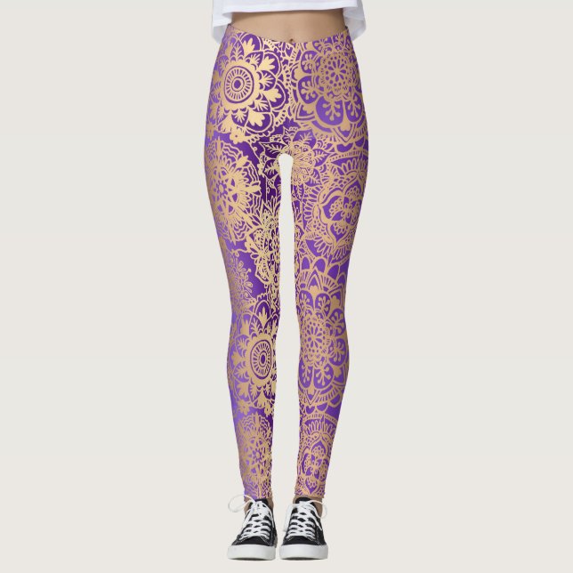 Leggings Boho morado y dorado Mandala Pattern Yoga (Anverso)