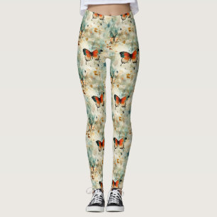 Leggings Boho Naranja Verde Azul Mariposa Flor Silvestre Pi