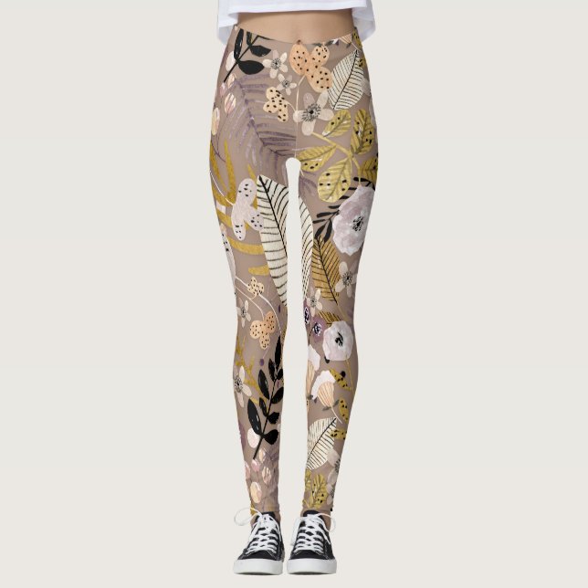 Leggings Boho Negro Blanco Dorado Melocotón Dibujado Hoja F (Anverso)