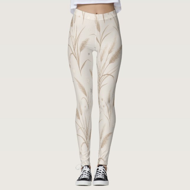 Leggings Boho Pampas Grass Beige Marrón Patrón de Estrellas (Anverso)