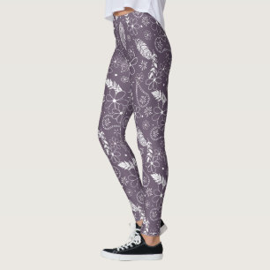 Leggings boho plumas flores patrón sobre púrpura CUALQUIER