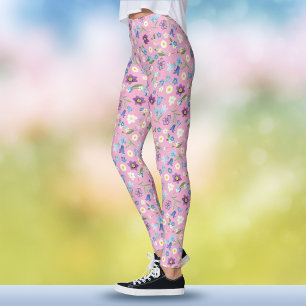 Leggings Boho Primavera Azul y Morado Aquarela Floral Rosa