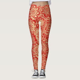 Leggings Boho rojo y oro Mandala Patrón de yoga