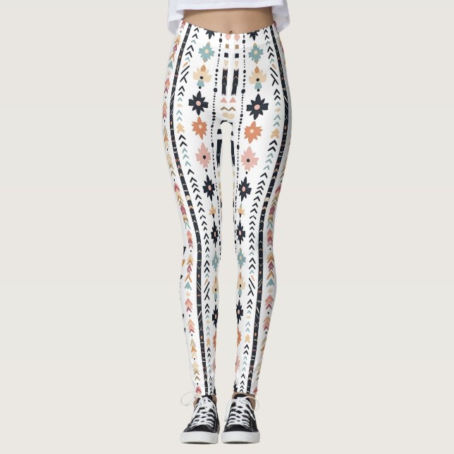Leggings Boho Tribal Aztec Vertical Stripes Cream Rust Blue (Anverso)