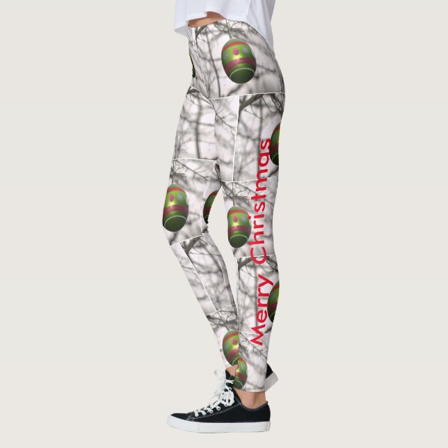 Leggings Bolas de ornamento de plata verde rojo para navida (Izquierda)