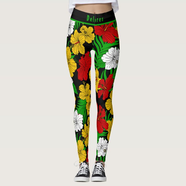 Leggings Bold Tropical Hibiscus Floral Pattern  (Anverso)
