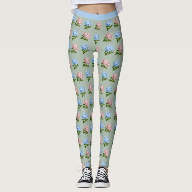 Leggings Bonito Hydrangea Flores Yoga Floral Azul Rosa (Anverso)