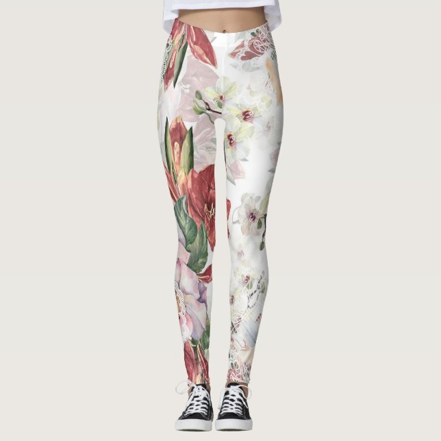 Leggings Bonito patrón floral Borgoña y encaje lindo (Anverso)