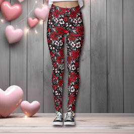 Leggings Bonito, Roses rojas, negras y blancas, corazón