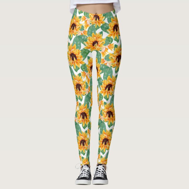 Leggings Bonito Sunflower Patrón amarillo y verde (Anverso)