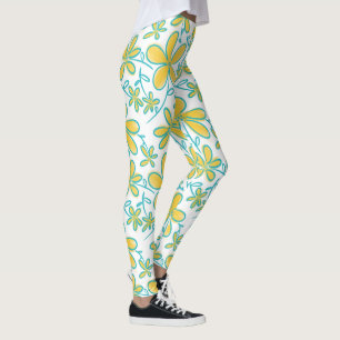 Leggings Bonito verano Patrón de flores amarillas y turques