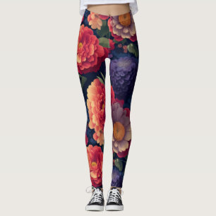 Leggings Bonito vintage Naranja rojo mamá púrpura peony flo