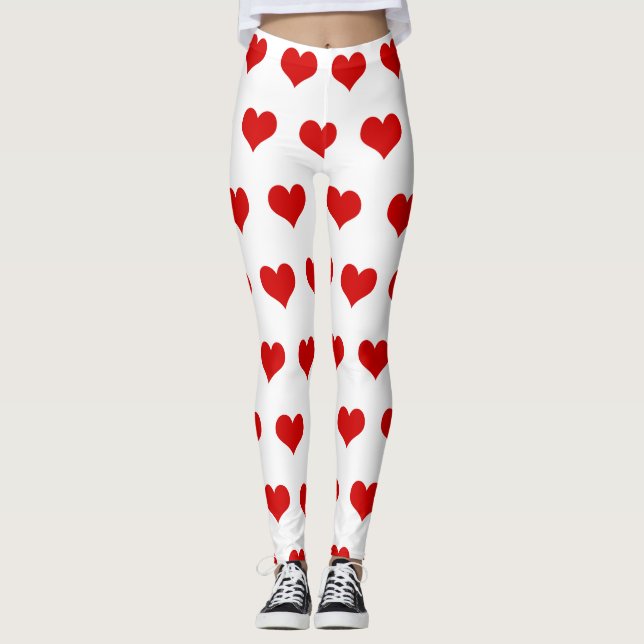 Leggings Bonitos corazones rojos impresos en blanco (Anverso)