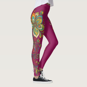 Leggings Borde de zarcillos de poder floral retro 2