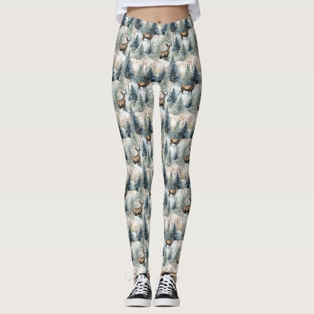 Leggings Bosque de ciervos acuarela de invierno (1) (Anverso)