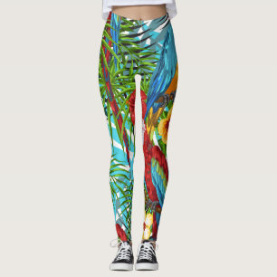 Leggings Bosque tropical Boho con aves l Verde y azul lindo