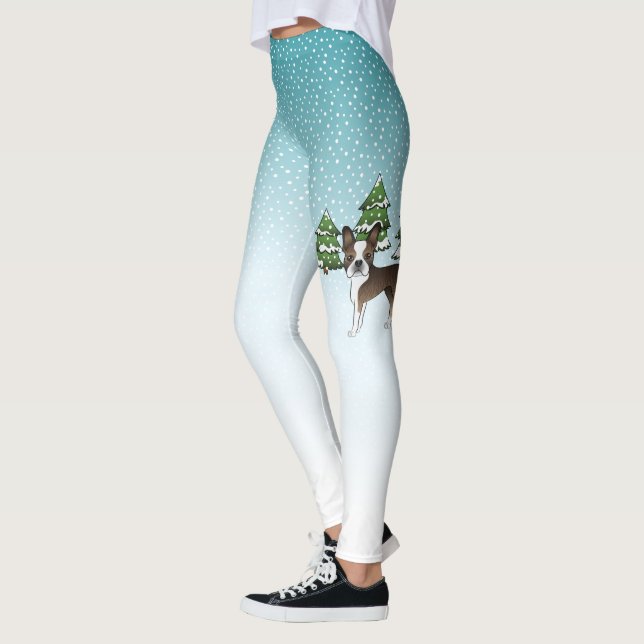 Leggings Boston Terrier atigrado en un bosque invernal (Izquierda)