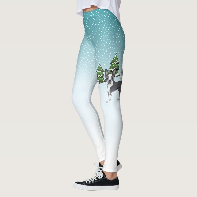 Leggings Boston Terrier Azul en un Bosque Invernal (Izquierda)
