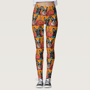 Leggings Boston Terrier con rosas del corazón Día de San Va