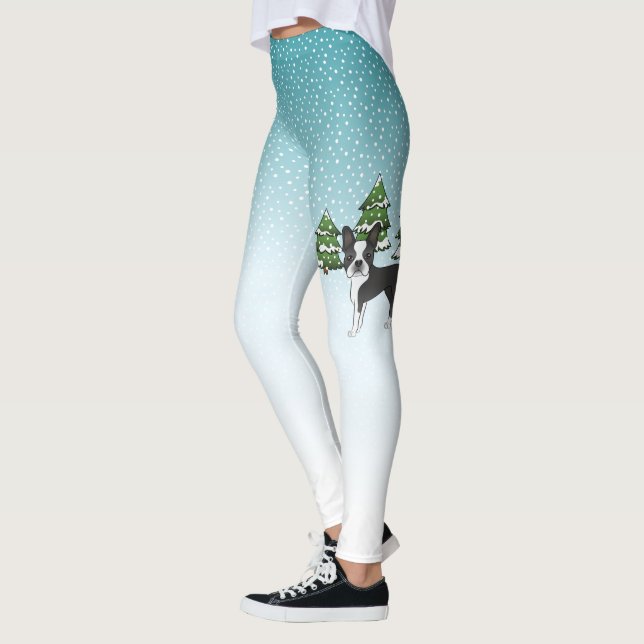 Leggings Boston Terrier negro en un bosque invernal (Izquierda)
