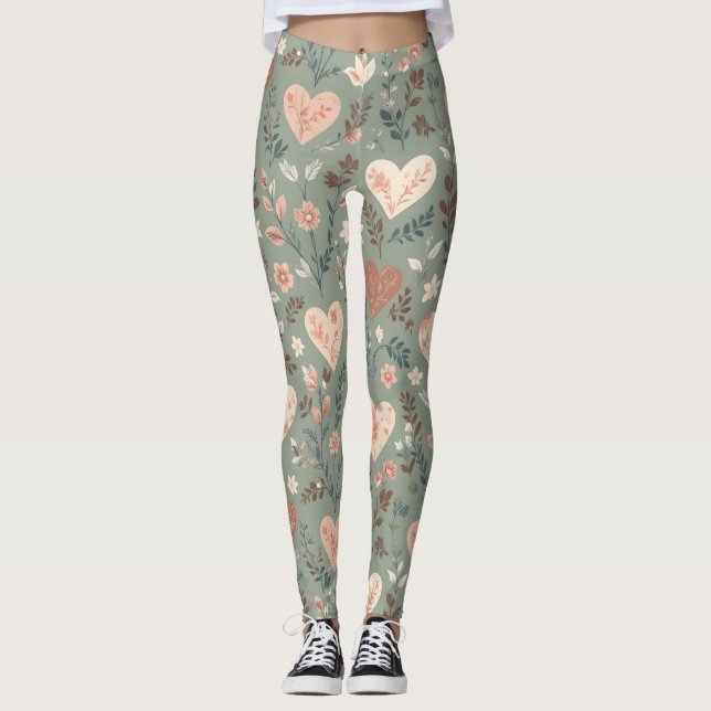 Leggings Botanical Hearts Romantic Floral Seamless Pattern  (Anverso)