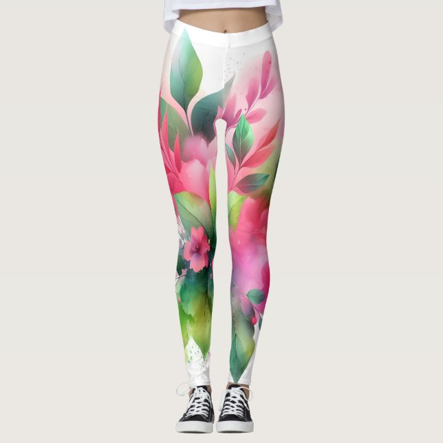 Leggings Botánico Floral Acuarela Rosa Verde (Anverso)