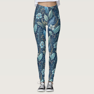 Leggings Botánico Intrincado Azul y Verde -Azul oscuro estr