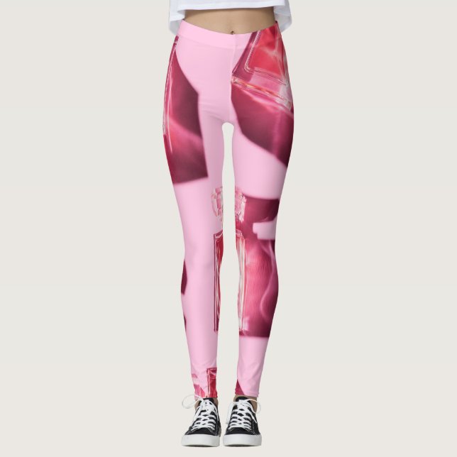Leggings Botellas perfumes, fondo rosado, liofilizado (Anverso)