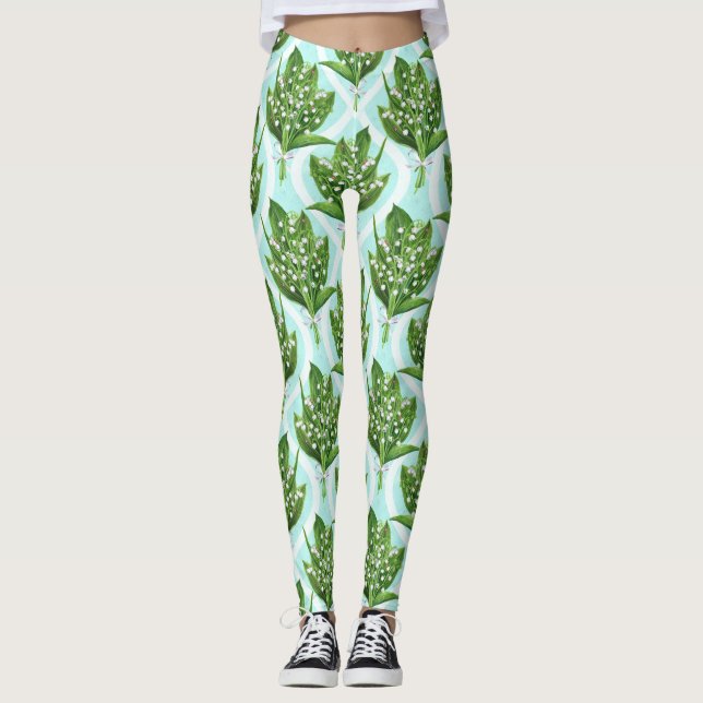 Leggings Bouquet de lirio del valle flores en azul (Anverso)