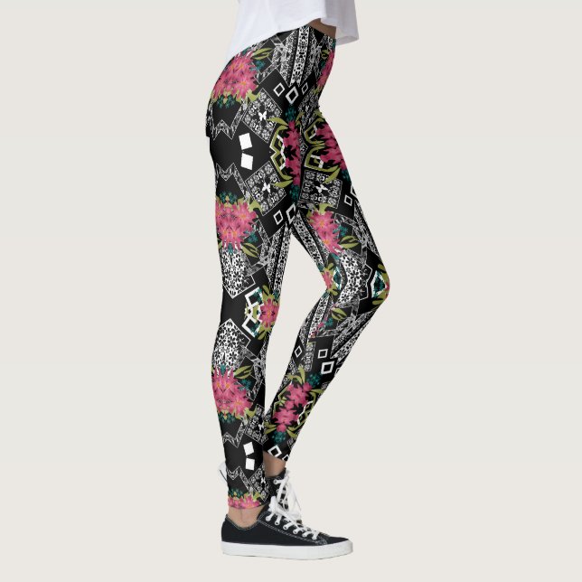 Leggings Bouquets de flores rosadas sobre una geométrica (Derecha)