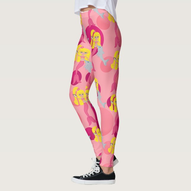 Leggings Brigit de sirena rosa, puntos de delfín y polka (Izquierda)