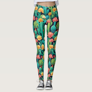 Leggings Brillante Neon Cactus y Suculento Negro Floral
