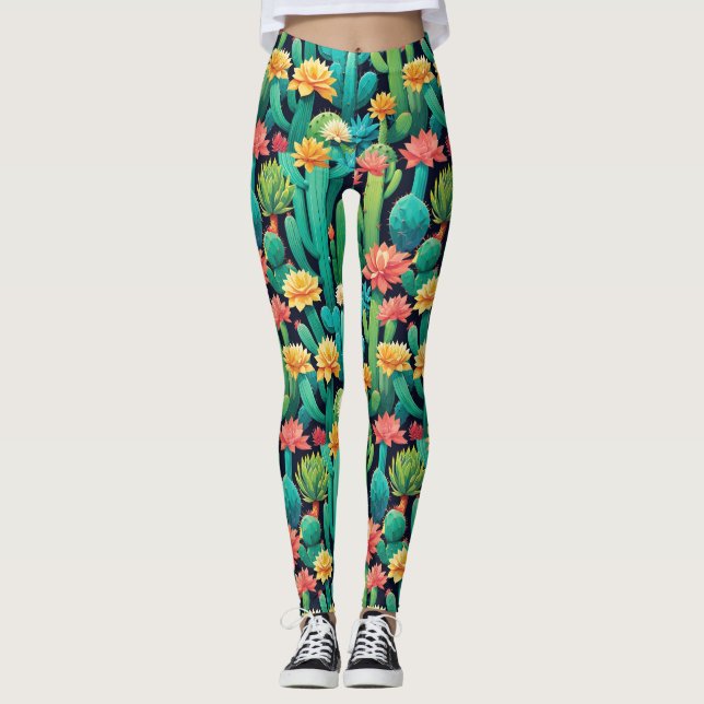 Leggings Brillante Neon Cactus y Suculento Negro Floral (Anverso)