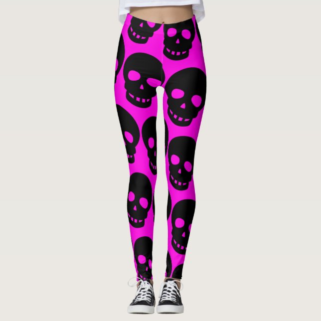 Leggings Brillante Neon Hot Pink Gótico Gran Skulls de impr (Anverso)