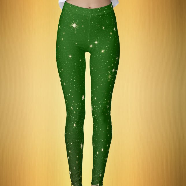 Leggings Brillante Twinkle Dorado Estrellas Chrismtas Verde (Dark green womans leggings with gold sparkle like twinkle stars for Christmas season.)